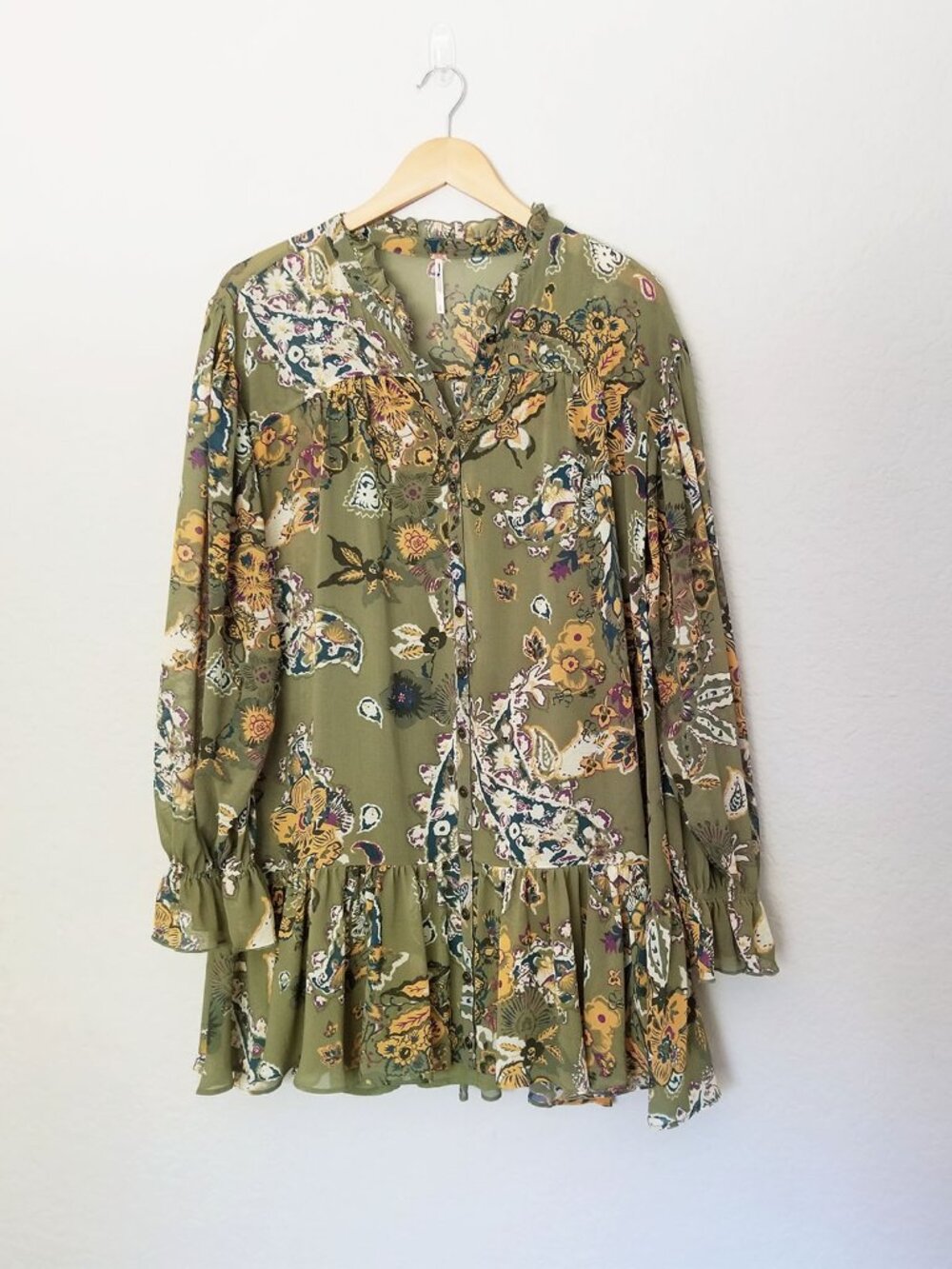 Free People Ibiza Nights Mini Dress Size S Natural Sage Green Button Front $148 - Picture 5 of 16